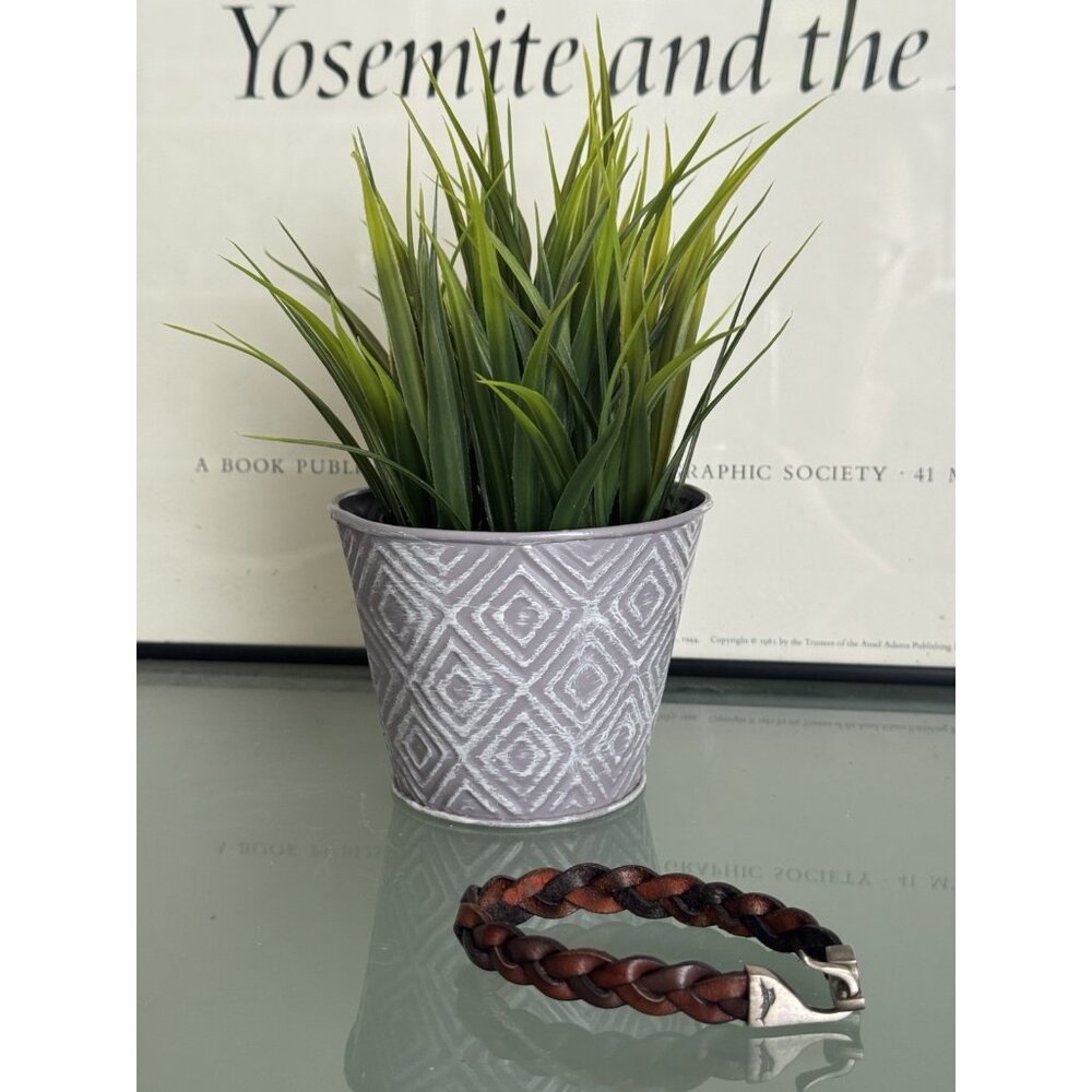 VTG Woven Leather Sterling Silver Bracelet Brown .5" wide Swordfish 8.75"